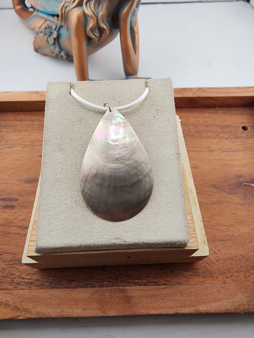 Iridescent Teardrop Shell Pendant Necklace - White Cord